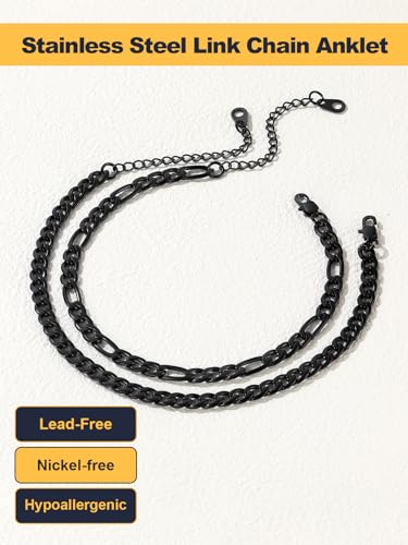 U7 2Pcs/3Pcs Ankle Bracelets for Women, Stainless Steel Cuban Link/Figaro/Rope/Heart Chain Anklets Sets,Waterproof Layered Anklets Adjustable 8.5"-10.5" - color: 01. 2Pcs Style A-Black