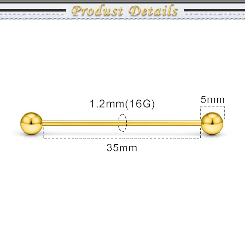 16G 14G Surgical Steel Tongue Rings Nipple Rings Industrial Piercing Jewelry Set Multi Size Straight Barbells 12mm 14mm 16mm 19mm 22mm 28mm 32mm 35mm 38mm 40mm 45mm for Women Men - color: goldtone, size: 16g,bar length 35mm