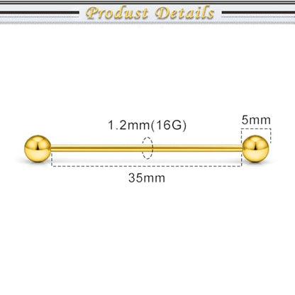 16G 14G Surgical Steel Tongue Rings Nipple Rings Industrial Piercing Jewelry Set Multi Size Straight Barbells 12mm 14mm 16mm 19mm 22mm 28mm 32mm 35mm 38mm 40mm 45mm for Women Men - color: goldtone, size: 16g,bar length 35mm