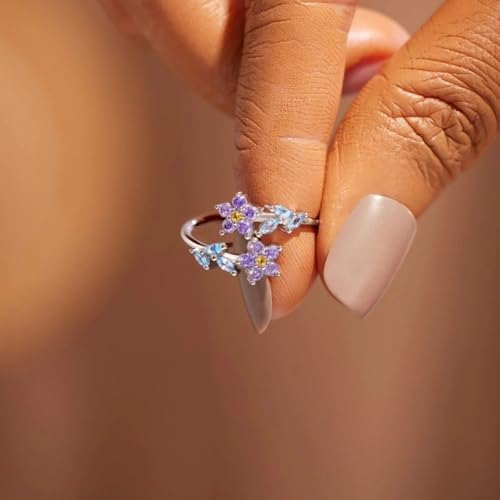 Adjustable Leaf Stackable Rings for Women Cubic Zirconia Stones Blue Leaves Purple Flower Open Band Stacking Finger Sliver Rings Fashion Plant Floral Aesthetic CZ Jewelry - color: flower leaf