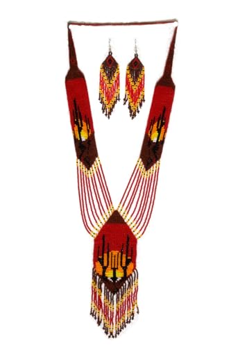 Long Beaded Necklace – Boho Native Handmade Seed Bead Tassel Necklace, Bohemian Large Statement Beaded Necklace for Women - color: Red Brown, Light Orange