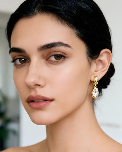 14K Gold Plated Chunky Huggie Hoop Earrings, Plump Teardrop Dangle Drop Earrings Elegant Statement Jewelry for Women - color: CZ oval/gold