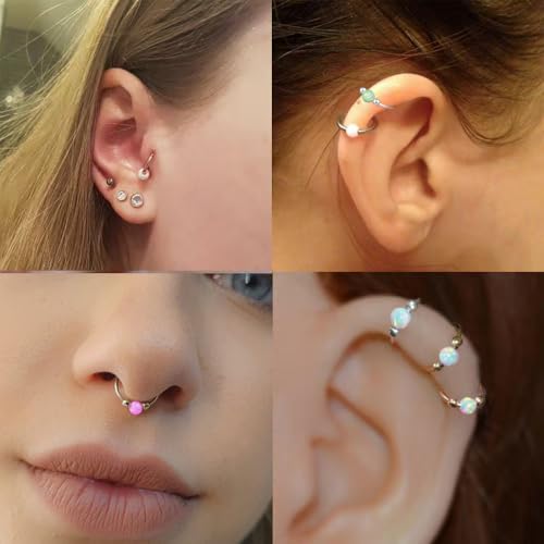 2 Pcs Small Cartilage Hoop Earrings for Women Men, 18G Opal Silver Earrings Hypoallergenic 316L Surgical Steel Hinge Huggie Hoop Earrings for Helix,Tragus,Conch,Rook,Earlobe Piercing Jewelry Nose Ring - style: 2Pcs 8mm Pink Opal/Silver