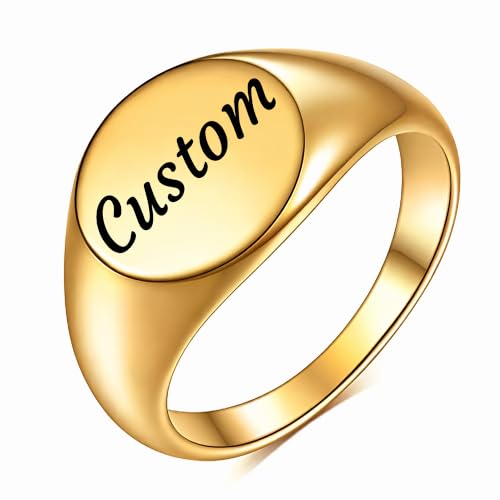 MYNENEY Stainless Steel Round Shape Classical Simple Plain Wedding Engagement Statement Pinky Band Signet Rings for Men Women Size 4-15 - color: Custom-Gold