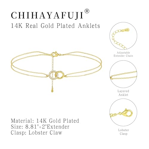 Sterling Silver Ankle Bracelets for Women 14k Gold Plated Waterproof Layered Stackable Bead Chain Infinity Charm Non Tarnish Large Adjustable Summer Party Beach Jewelry Gift - color: goldA