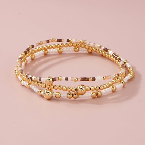 Gold Beaded Bracelet Stack for Women Colorful Small Seed Beads Bracelets Set Boho 14K Gold Plated Ball Stackable Stretch Non-Tarnish Dainty Jewelry Trendy Accessory Friendship Gift - color: brown and white