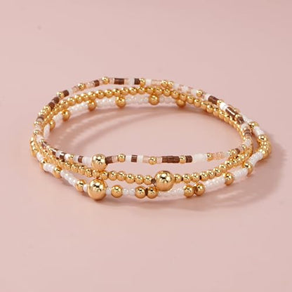 Gold Beaded Bracelet Stack for Women Colorful Small Seed Beads Bracelets Set Boho 14K Gold Plated Ball Stackable Stretch Non-Tarnish Dainty Jewelry Trendy Accessory Friendship Gift - color: brown and white