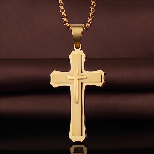 Men's Cross Necklace 316L Stainless Steel Large Heavy Cross Pendant for Men Polished Jewelry Rolo Chain with 22'' 24'' 26'' - color: B-yellow, size: 22 inch