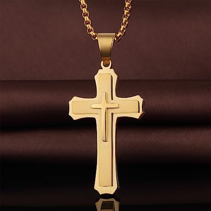 Men's Cross Necklace 316L Stainless Steel Large Heavy Cross Pendant for Men Polished Jewelry Rolo Chain with 22'' 24'' 26'' - color: B-yellow, size: 26 inch