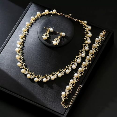 Bridal and Bridesmaid Pearl and Rhinestone Jewelry Set Crystal Necklace, Bracelet And Earrings Collection, Bohemian Adjustable Beaded Crystal for Women - style: Golden vine