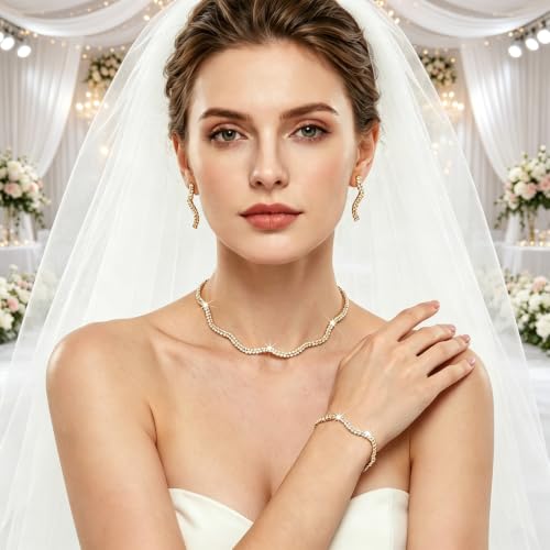 Rhinestone Bridal Jewelry Set, Choker Necklace Earrings Bracelet, Formal Wedding Prom Accessories for Women and Brides - color: Golden
