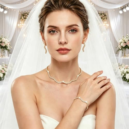Rhinestone Bridal Jewelry Set, Choker Necklace Earrings Bracelet, Formal Wedding Prom Accessories for Women and Brides - color: Golden