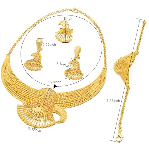 indian Women Jewelry Necklace Set african Dubai Bride Wedding Prom Fashion Jewelry 24K Gold Plated Necklace Bangles Rings Earrings - color: S-347