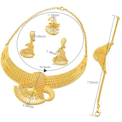 indian Women Jewelry Necklace Set african Dubai Bride Wedding Prom Fashion Jewelry 24K Gold Plated Necklace Bangles Rings Earrings - color: S-347