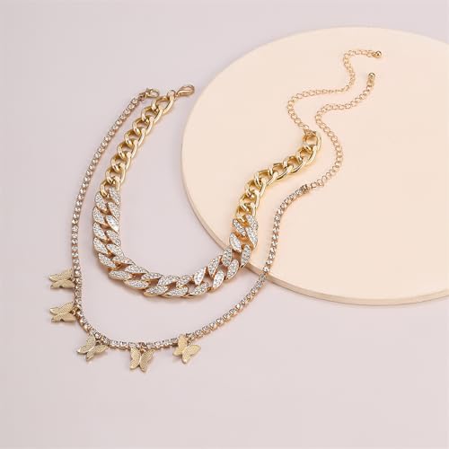 2Pcs Layered Hip Hop Shiny Rhinestone Bead Chunky Chain Butterfly Pendant Necklace Punk Crystal Cuban Link Chain Choker Collar Necklace for Women Party Birthday BarJewelry Gift - color: G gold-3