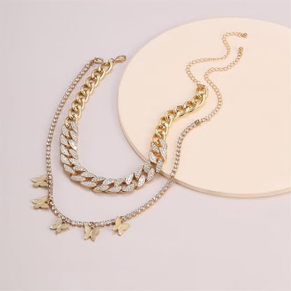 2Pcs Layered Hip Hop Shiny Rhinestone Bead Chunky Chain Butterfly Pendant Necklace Punk Crystal Cuban Link Chain Choker Collar Necklace for Women Party Birthday BarJewelry Gift - color: G gold-3