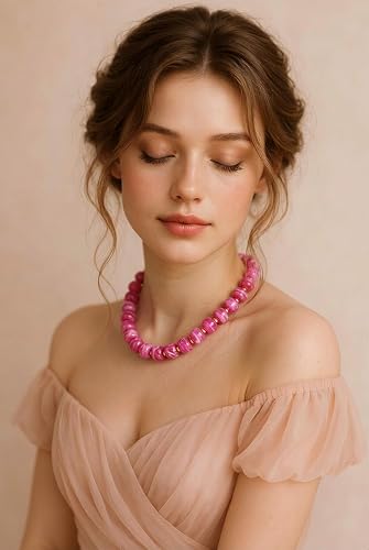 Chunky Beaded Necklace for Women, Colorful Boho Statement Necklace, Gold Chunky Resin Large Bead Necklace, Waterproof Summer Beach Jewelry Gifts for Women - color: Magenta