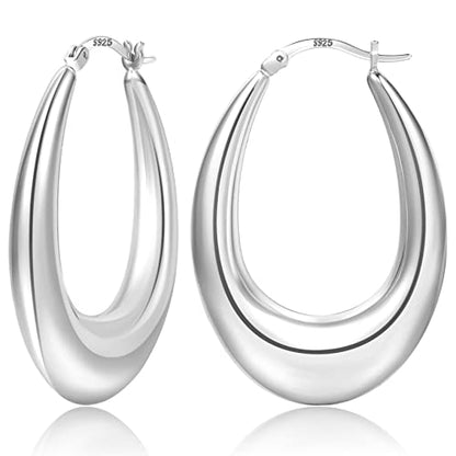PABBEU Chunky Silver Hoops Earrings for Women Hypoallergenic | Lightweight 925 Sterling Silver Oval Hoop Earring, Sterling Silver Thick Hoop Earrings for Women Gift 25/28/30/38/40mm - color: 38mm Silver