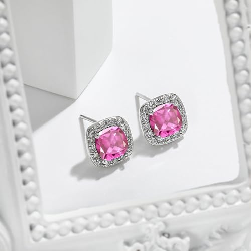 Cubic Zirconia Necklace and Earrings Set for Women 14K White Gold Plated Bridesmaid Silver Jewelry Set for Women Pendant Necklace Hypoallergenic Stud Earrings Set Jewellery Gift for Mom Wife Bride Bridesmaid - color: Pink-Square Shape