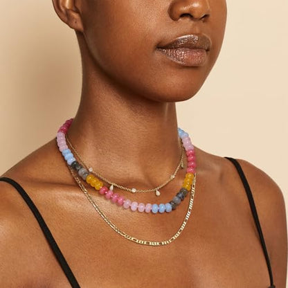 KissYan Beaded Gemstone Necklaces for Women | Colorful Bead Natural Stone Choker with 14K Gold Plated Spring Ring Clasp, Handmade Knot Jewelry for Summer Beach - color: R-Pink & Yellow
