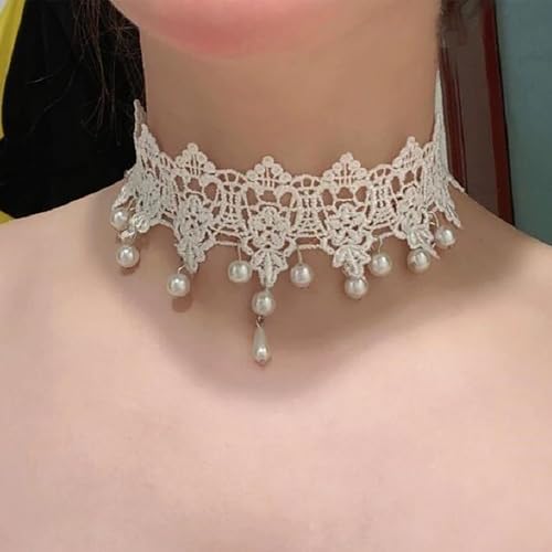 Wide Black Lace Choker Necklace Gothic Lace Pearl Tassel Necklace Short Hollow Flower Tattoo Necklaces Waterdrop Rhinestone Necklaces Halloween Wedding Party Jewelry - style: Style4