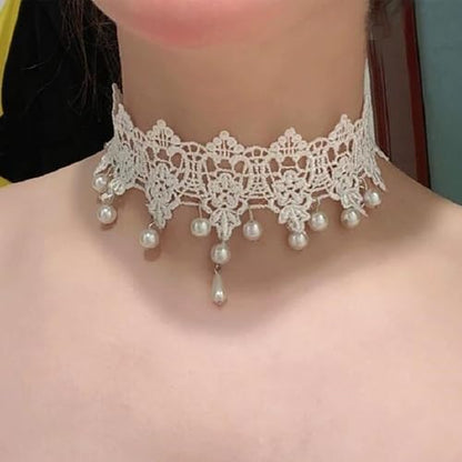 Wide Black Lace Choker Necklace Gothic Lace Pearl Tassel Necklace Short Hollow Flower Tattoo Necklaces Waterdrop Rhinestone Necklaces Halloween Wedding Party Jewelry - style: Style4