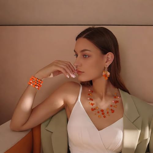 Coiris 3 Layers Illusion Wire Beaded Statement 19.5" Necklace for Women - color: ST0001-Orange