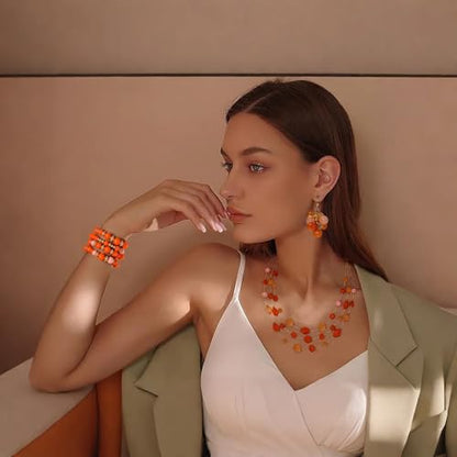 Coiris 3 Layers Illusion Wire Beaded Statement 19.5" Necklace for Women - color: ST0001-Orange