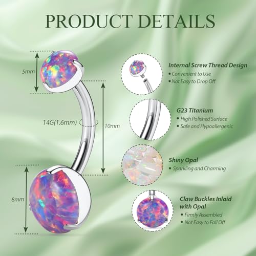FUNLMO 14G Belly Button Ring Titanium Belly Button Piercing Belly Ring Internally Threaded Navel Piercing Jewelry - color: Silver-Purple Opal