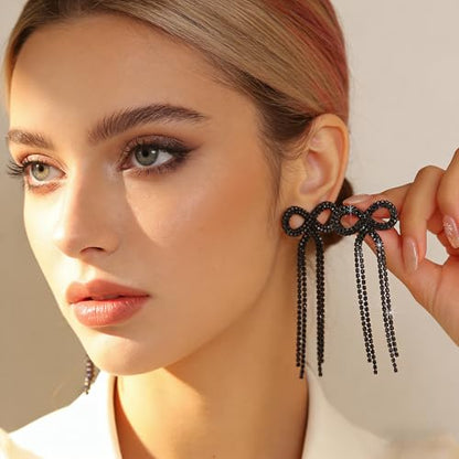 Rhinestone Earrings Dangling for Women Sparkly Silver Dangle Earrings Girls Long Chandelier Earrings Tassel Lightweight Ear Studs Cubic Zirconia (KE001S-W) - color: Bow 516286BK Coating Black