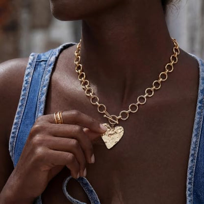 Chunky Gold Necklace for Women | 14K Gold Plated Hammered Heart Pendant O-Link Chain Necklace with Toggle Clasp, Waterproof Statement Jewelry Gift for Her - color: Chunky Gold Heart Necklace
