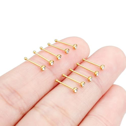 Hoeudjo Nose Studs Surgical Steel Cubic Zirconia Nose Rings Kit for Women Men Tiny Nose Stud Bone & Screw & L Shaped Nostril Piercing Jewelry 18/20/22/24 Gauge 10 Pieces - color: gold-tone,nose bone studs, size: 24g/2mm clear CZ