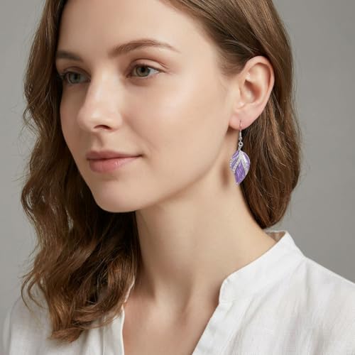 Leaf Dangle Earrings for Women, Boho Tropical Dangling Jewelry, Summer Earring Accessory, Birthday Gift for Her - color: Purple