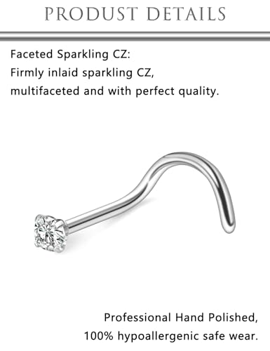 Hoeudjo Nose Studs Surgical Steel Cubic Zirconia Nose Rings Kit for Women Men Tiny Nose Stud Bone & Screw & L Shaped Nostril Piercing Jewelry 24/22/20/18 Gauge 10 Pieces - color: silver-tone,screw nose studs, size: 24g/2mm clear CZ