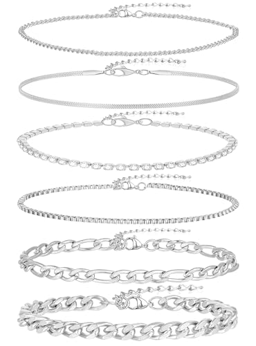 6PCS Ankle Bracelets for Women18K Gold Plated Stainless Steel Waterproof Layered Herringbone Figaro Bead Paperclip Rope Tennis Box Cuban Link Rolo Satellite Chain Anklets Set Gold Tone - style: C:Silver Tone