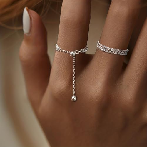 925 Sterling Silver Adjustable Link Chain Rings for Women Daughter | Dainty 14k Gold Plated Evil Eye/Cross/Flower Ring Sparkly Twist Rope with Bead Dangle Stackable Ring Jewelry Birthday Gifts - color: Style 3-Silver