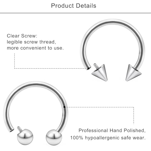 Lcolyoli 16g Septum Rings Internally Threaded Surgical Steel Septum Jewelry Lip Rings Hoop Labret Jewelry Snake Bite Piercing Jewelry Horseshoe Earrings Daith Piercing Jewelry for Women Men - color: 16g,Inner diameter:10mm,silvertone