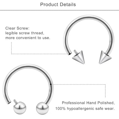 Lcolyoli 16g Septum Rings Internally Threaded Surgical Steel Septum Jewelry Lip Rings Hoop Labret Jewelry Snake Bite Piercing Jewelry Horseshoe Earrings Daith Piercing Jewelry for Women Men - color: 16g,Inner diameter:10mm,silvertone
