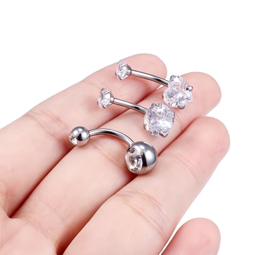 Belly Button Rings Surgical Steel Internally Threaded Belly Button Ring 10MM/12MM/14MM/16MM Navel Rings for Women Clear CZ 14G Long Bar Navel Piercing Jewelry - color: silvertone, size: 10mm bar length