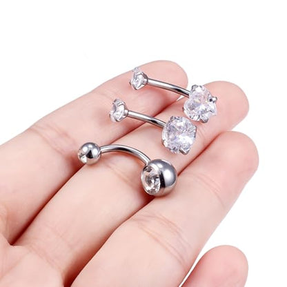 Belly Button Rings Surgical Steel Internally Threaded Belly Button Ring 10MM/12MM/14MM/16MM Navel Rings for Women Clear CZ 14G Long Bar Navel Piercing Jewelry - color: silvertone, size: 10mm bar length