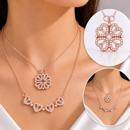 Rich London 18K Rose Gold Plated 2-in-1 Clover Heart Pendant Necklace for Women | Elegant Crystal Charm Jewellery - color: Golden