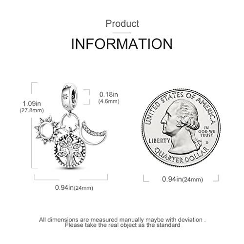 Hapour 925 Sterling Silver Charm for Bracelet Necklace Women Pendant Beads | Virgin Mary Charm, Religious Cross Heart Dragon European Jewelry Mom Charm - color: Family Tree and Sun and Moon
