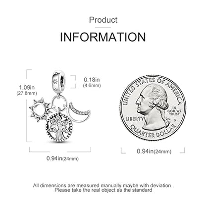 Hapour 925 Sterling Silver Charm for Bracelet Necklace Women Pendant Beads | Virgin Mary Charm, Religious Cross Heart Dragon European Jewelry Mom Charm - color: Family Tree and Sun and Moon