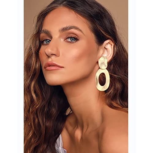 Gold Metal Clip On Earrings for Women Non Pierced Dangle Drop Earrings Multiple Styles - color: gold oval hollow
