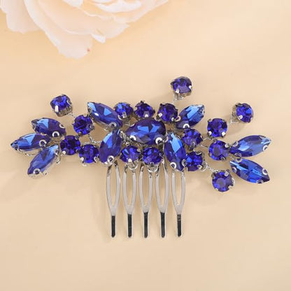 Dainty Teardrop Rhinestone Crystal Wedding Hair Comb Handmade Hair Side Comb Women Girls Wedding Headpiece Silver Gold Wedding Hair Accessories for Brides Bridesmaid (blue) - color: blue