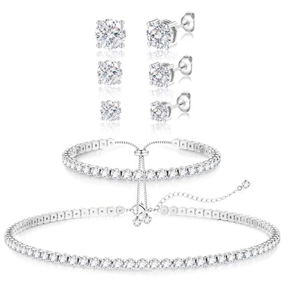 LOLIAS Silver Jewelry Set for Women Tennis Necklace Bracelet Hypoallergenic | Wedding Jewelry Sets for Brides Bridemaid,Costume Party Prom Accessories,Chockers Necklace CZ Tennis Bracelet Earrings Studs - style: Tennis Necklaces Bracelet+4mm/5mm/6mm Studs
