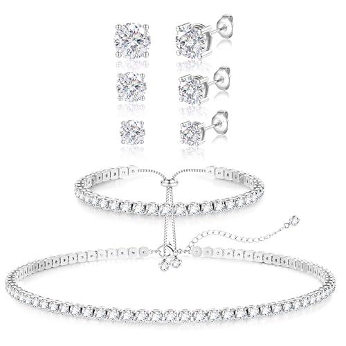 LOLIAS Silver Jewelry Set for Women Tennis Necklace Bracelet Hypoallergenic | Wedding Jewelry Sets for Brides Bridemaid,Costume Party Prom Accessories,Chockers Necklace CZ Tennis Bracelet Earrings Studs - style: Tennis Necklaces Bracelet+4mm/5mm/6mm Studs
