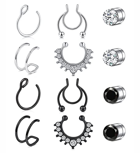 Fake Nose Ring Hoop Double Fake Septum Rings Fake Nose Piercing Clip on Earring Hoops Faux Nose Rings Lip Ring - color: A22-silver+black