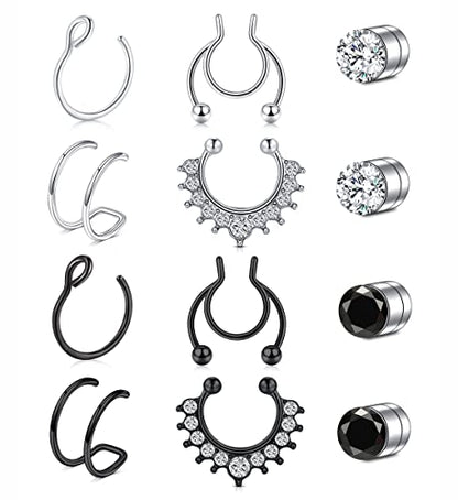 Fake Nose Ring Hoop Double Fake Septum Rings Fake Nose Piercing Clip on Earring Hoops Faux Nose Rings Lip Ring - color: A22-silver+black