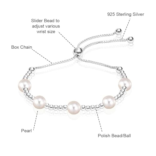 LeCalla 925 Sterling Silver Sliding Bolo Bracelet | Adjustable Beaded Tennis Bracelets for Women | Adjustable Slider Bolo Bracelets Gifts for Her - color: Simulated Pearl Beaded Bolo